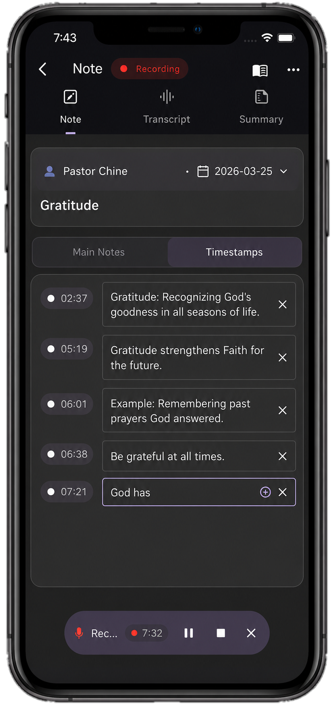 Timestamped sermon notes in Sermon Log