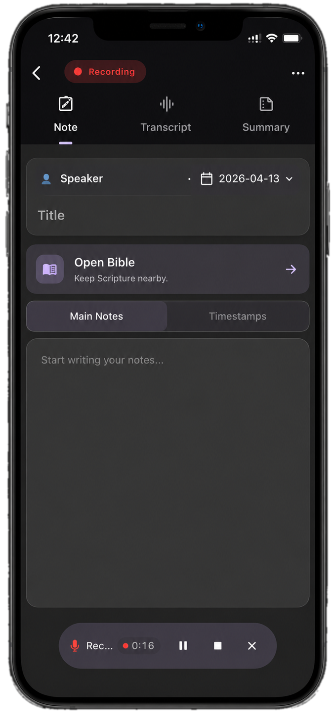 Start recording a sermon note