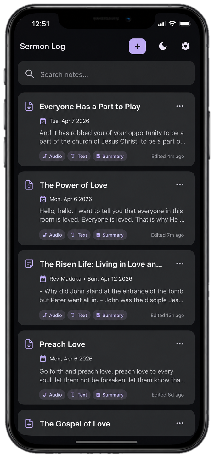 Search saved sermons in Sermon Log